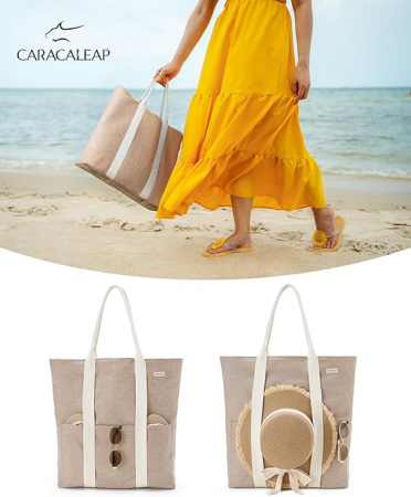 Geantă XXL de plaja pentru femei, material textil crem [4]