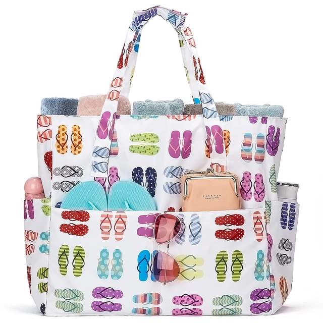 Genti dama - Geantă de plaja pentru femei, material textil impermeabil, 7 buzunare, 45 L