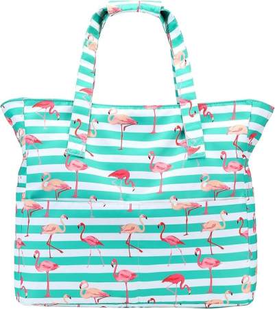 Genti dama - Geantă de plaja XXL familiala, material textil impermeabil, fermoar, model flamingo bleu 50.8x40 cm