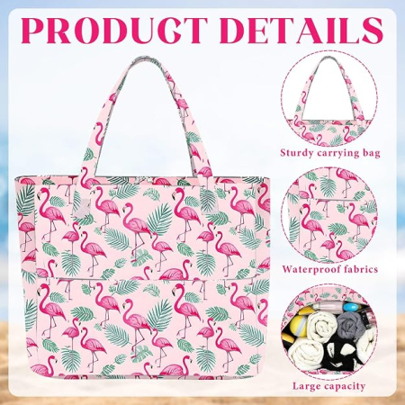 Geantă de plaja XXL familiala, material textil impermeabil, fermoar, model flamingo roz 50.8x40 cm [3]