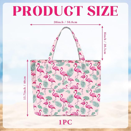 Geantă de plaja XXL familiala, material textil impermeabil, fermoar, model flamingo roz 50.8x40 cm [2]