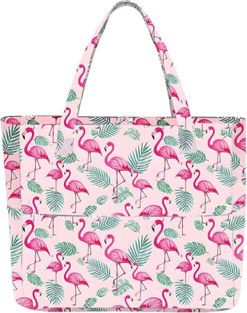 Genti dama - Geantă de plaja XXL familiala, material textil impermeabil, fermoar, model flamingo roz 50.8x40 cm