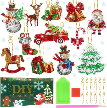 DECORATIUNI - Ornamente multicolore decorare pom sarbatori cu Pictură cu Diamante, set 12 piese