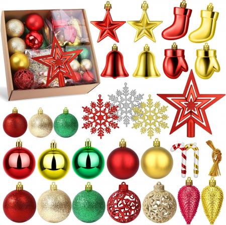 globuri - Globuri diferite forme din plastic pentru decorare pom Craciun, set 73 piese