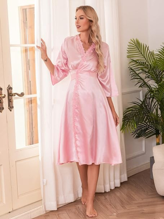 Halat de baie din satin pentru femei, Roz XL [1]