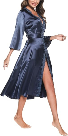 Halat de baie din satin pentru femei, albastru S [4]