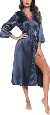 Halat de baie din satin pentru femei, albastru XL [3]