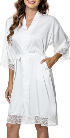 IMBRACAMINTE - Halat de baie din satin pentru femei, Alb, dantelat, S