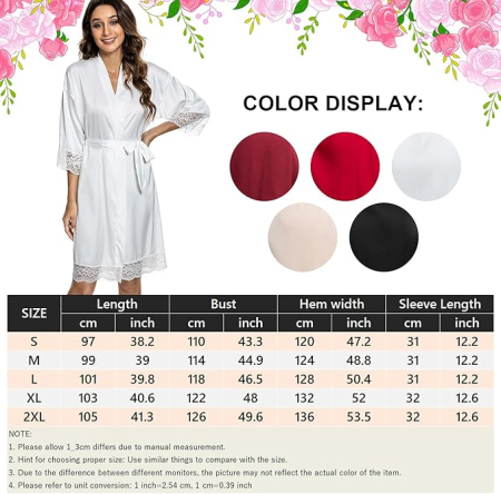 Halat de baie din satin pentru femei, Alb, dantelat, XL [4]