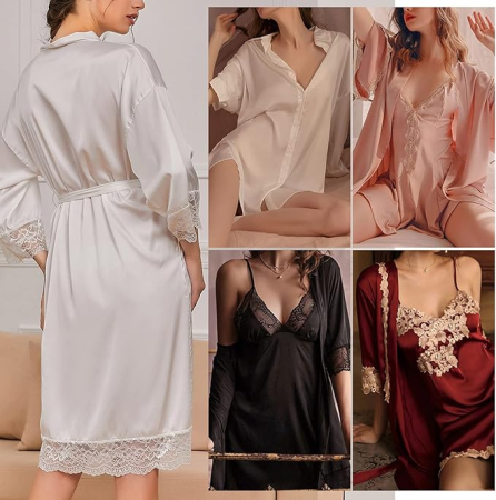 Halat de baie din satin pentru femei, Alb, dantelat, XL [5]