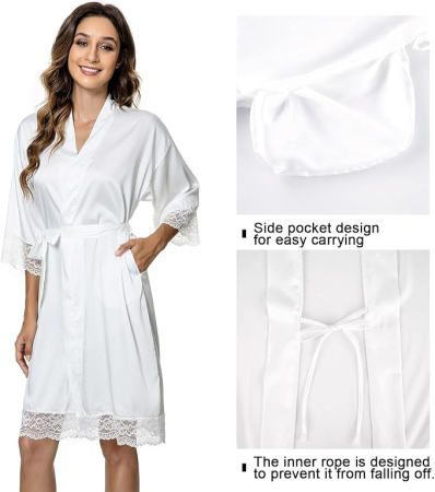 Halat de baie din satin pentru femei, Alb, dantelat, XL [3]