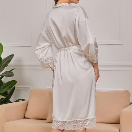 Halat de baie din satin pentru femei, Alb, dantelat, XL [2]