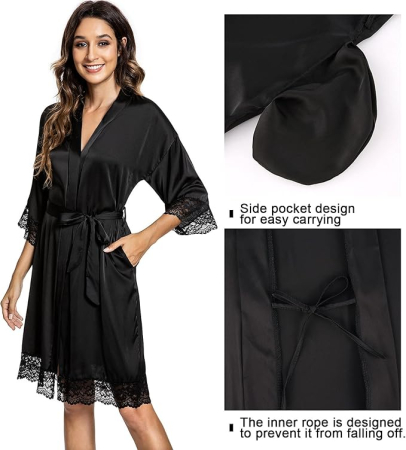 Halat de baie din satin pentru femei, negru, dantelat, L [3]
