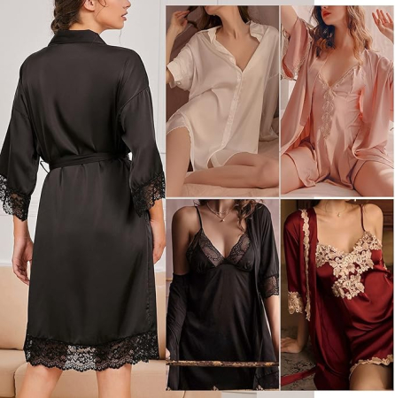 Halat de baie din satin pentru femei, negru, dantelat, L [5]