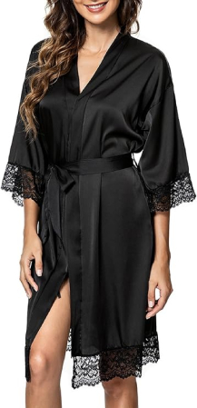 Halate baie - Halat de baie din satin pentru femei, negru, dantelat, L