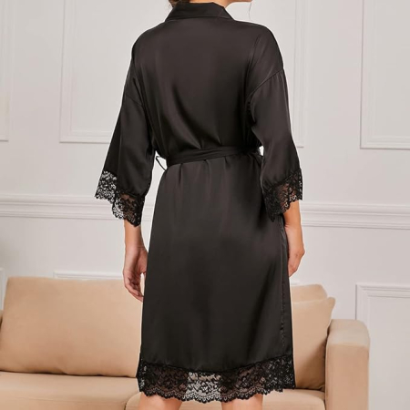 Halat de baie din satin pentru femei, negru, dantelat, S [2]