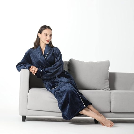 Halat de baie din flee pentru femei, albastru, moale, super absorbant, L [6]