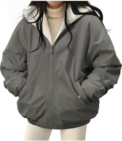 BLUZE FEMEI - Geacă gri Damă, de Iarnă, Reversibilă, Lungă, cu Glugă, Căptușeală Sherpa/Lână de Miel, Fermoar Dublu, 2 Buzunare, XL