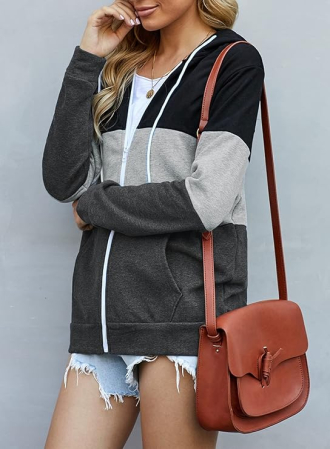 Hanorac lejer de dama cu gluga si fermoar, negru/gri/gri inchis S [2]