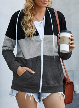 Hanorac lejer de dama cu gluga si fermoar, negru/gri/gri inchis S [5]