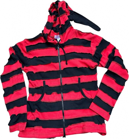 BLUZE - Hanorac rosu cu dungi negre, gluga si 2 buzunare laterale 3XL