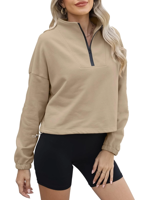 IMBRACAMINTE - Hanorac sport de dama cu fermoar 1/4 si talie reglabila, crem XL