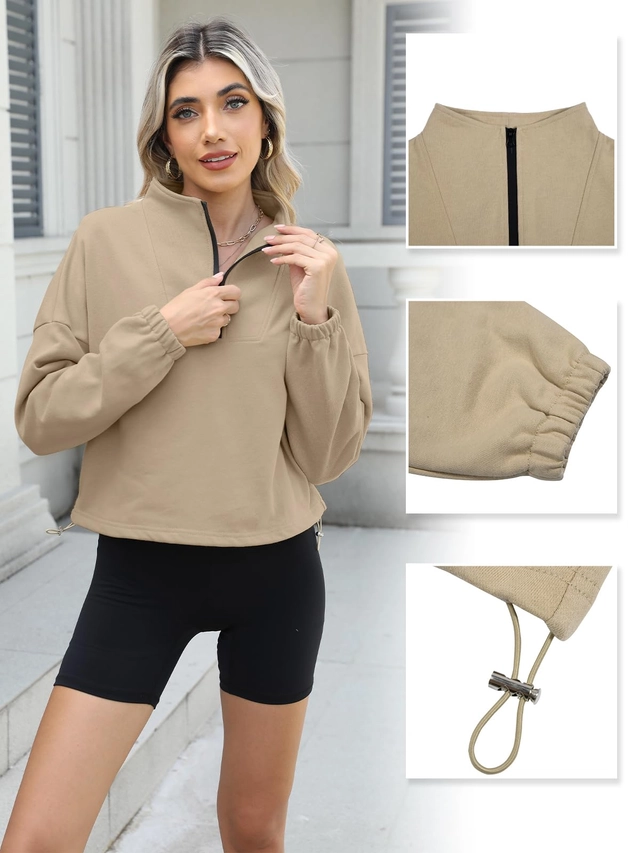 Hanorac sport de dama cu fermoar 1/4 si talie reglabila, crem XL [1]