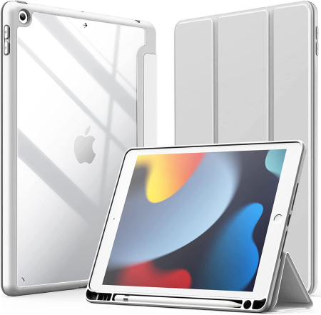 ACCESORII TELEFOANE - Husă argintie pentru iPad 10,2 inchi a 9-a a 8-a a 7-a generație, 2021 2020 2019, carcasă din spate tare, cu suport pentru tabletă la atingere moale, trezire automată