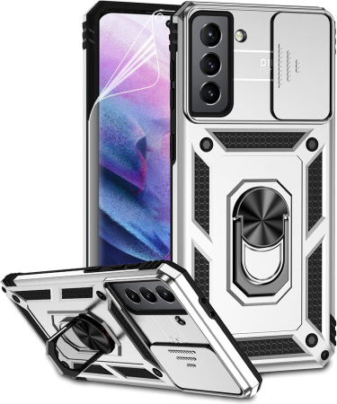 ACCESORII TELEFOANE - Husa compatibila cu Samsung Galaxy S21 5G, anti-soc, cu suport asezare, negru/alb