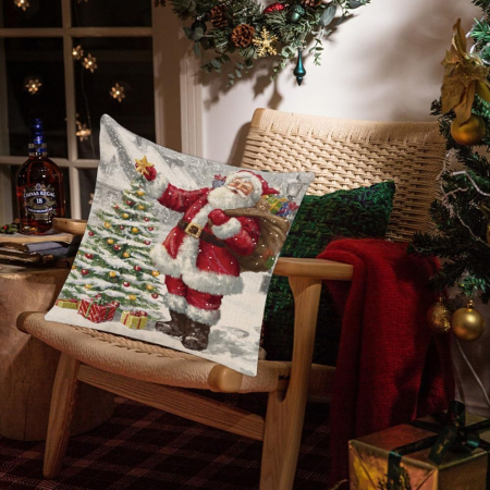 Husa de perina ornamentala 45x45 cm,  model Mos Craciun cu brad [5]