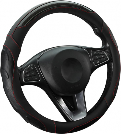 ACCESORII AUTO - Husa de volan, neagră (linie roșie), din piele Nappa perforată, din fibră de carbon, diametru 37-39 cm