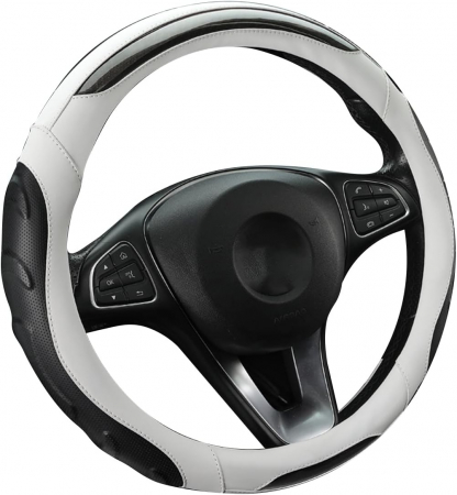 ACCESORII AUTO - Husa de volan, albă (linie neagră), din piele Nappa perforată, din fibră de carbon, diametru 37-39 cm