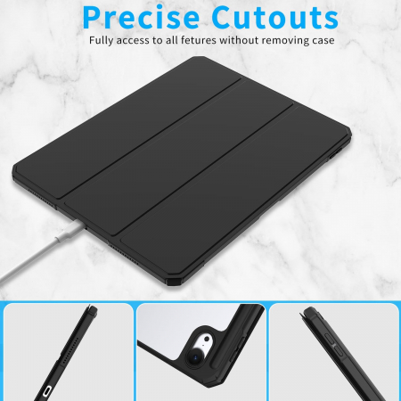 Husă iPad Pro 11 inch M4 2024, cu suport pentru creion, suport triplu din piele PU, cu Auto Wake Sleep-neagra [4]