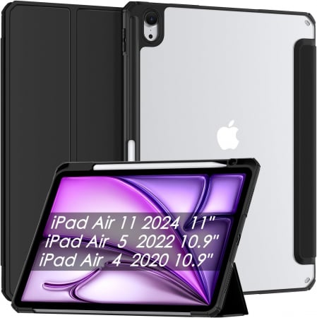 huse protectie - Husă iPad Pro 11 inch M4 2024, cu suport pentru creion, suport triplu din piele PU, cu Auto Wake Sleep-neagra
