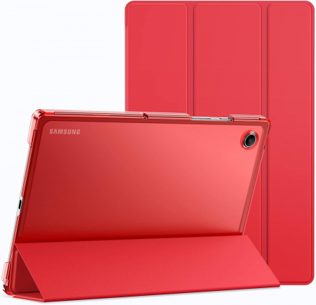 huse protectie - Husă Samsung Galaxy Tab A8 10.5 inch 2021 (SM-X200/X205/X207), subțire, translucidă, cu suport pliabil, pentru trezire/somn automat (Roșu)