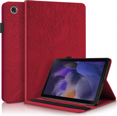 huse protectie - Husă Samsung Galaxy Tab A8 10.5 inch 2021 (SM-X200/X205/X207) din piele PU, cu suport cu buzunar pentru card, rosie Copacul vietii