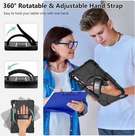 Husă socuri Samsung Galaxy Tab S9 FE 11.9 2023, calitate militară, cu 3 straturi, cu protecție pentru ecran, suport pentru stilou S, suport rotativ, negru [4]