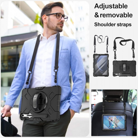 Husă socuri Samsung Galaxy Tab S9 FE 11.9 2023, calitate militară, cu 3 straturi, cu protecție pentru ecran, suport pentru stilou S, suport rotativ, negru [5]