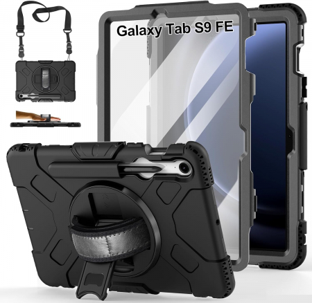 huse protectie - Husă socuri Samsung Galaxy Tab S9 FE 11.9 2023, calitate militară, cu 3 straturi, cu protecție pentru ecran, suport pentru stilou S, suport rotativ, negru