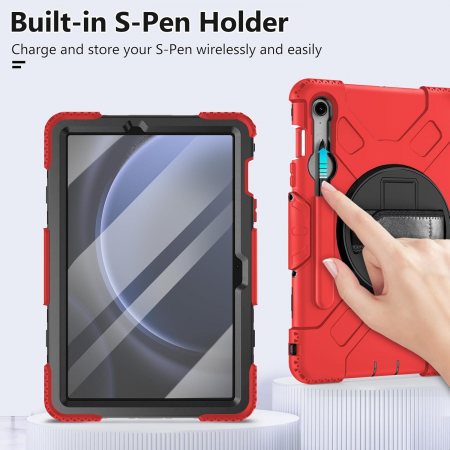 Husă socuri Samsung Galaxy Tab S9 FE 11.9 2023, calitate militară, cu 3 straturi, cu protecție pentru ecran, suport pentru stilou S, suport rotativ, rosu [2]