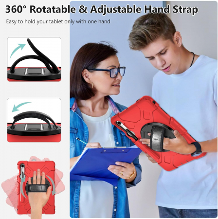 Husă socuri Samsung Galaxy Tab S9 FE 11.9 2023, calitate militară, cu 3 straturi, cu protecție pentru ecran, suport pentru stilou S, suport rotativ, rosu [4]