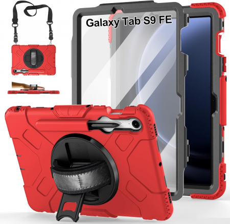huse protectie - Husă socuri Samsung Galaxy Tab S9 FE 11.9 2023, calitate militară, cu 3 straturi, cu protecție pentru ecran, suport pentru stilou S, suport rotativ, rosu