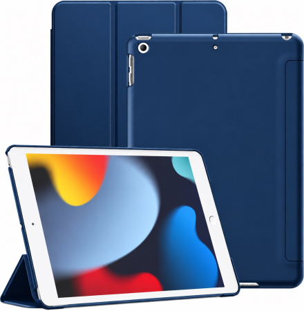 huse tablete - Husă albastra pentru iPad 10,2 inchi a 9-a a 8-a a 7-a generație, 2021 2020 2019, carcasă din spate tare, cu suport pentru tabletă la atingere moale, trezire automată