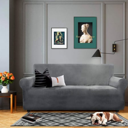 Huse de canapea extensibila din catifea, 3 locuri, pentru caini, antiderapanta, GRI [1]