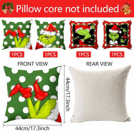 Fete perini - Huse de perini ornamentale 45x45 cm, set 4 bucati, model Grinch
