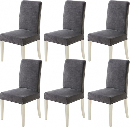 protectii scaune - Huse elastice din catifea, impermeabile, pentru scaune, culoare gri inchis, set 6 bucati