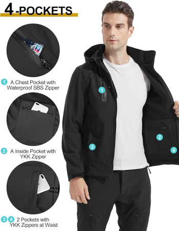 Geacă Softshell Bărbați, Jacheta Impermeabilă la Ploaie Ușoară, Căptușeală Fleece, Glugă Detașabilă, 4 Buzunare, S [3]