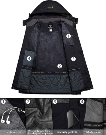 Jacheta sport de iarna femei, captusita, impermeabila, cu gluga si 4 buzunare, negru XL [9]