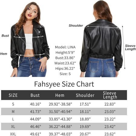 Jachetă Biker din Piele Sintetică pentru Femei - Oversized Scurtă Neagră cu Fermoar 2XL [6]