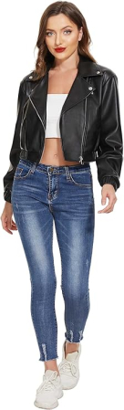 Jachetă Biker din Piele Sintetică pentru Femei - Oversized Scurtă Neagră cu Fermoar 2XL [3]